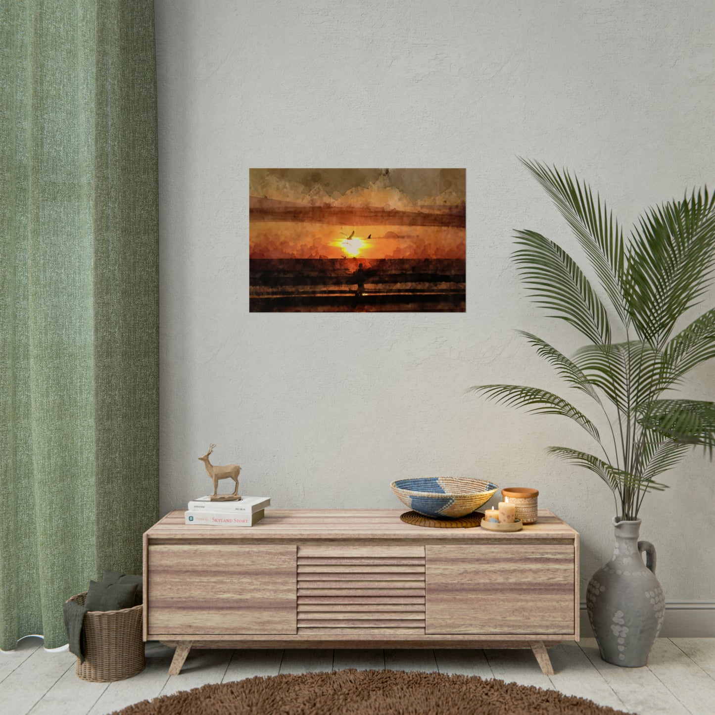 Lone Surfer, Trigg Beach, Western Australia. Unframed digital watercolour print.