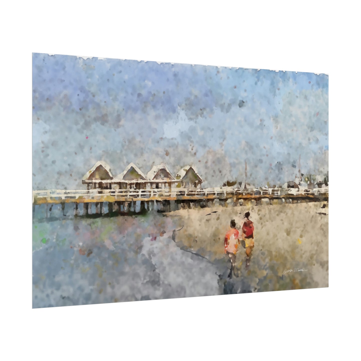 Busselton Jetty Couple, Western Australia. Unframed digital watercolour print.