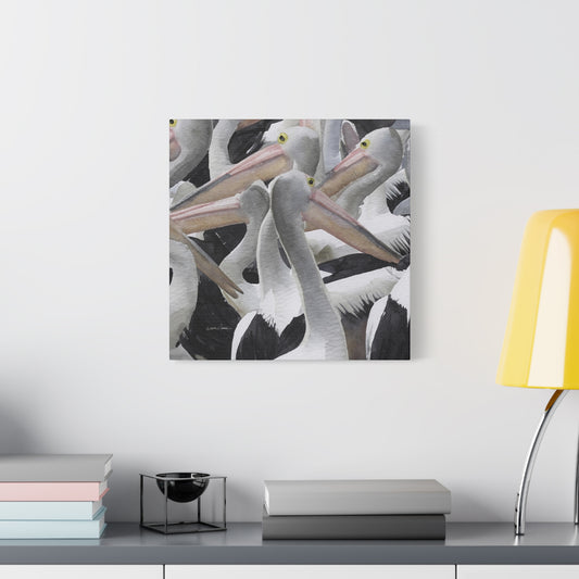 Pelicans. Approx. 40.7 x 40.7 (16 x 16”). Matte canvas all-over print.