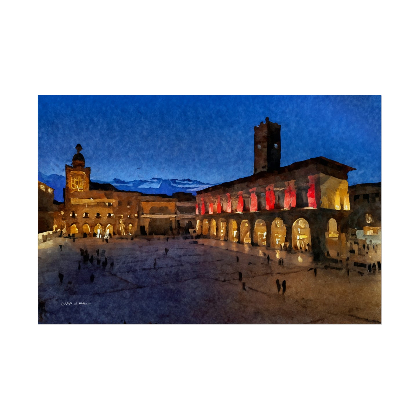 Town Square, Bologna, Italy. Unframed digital watercolour print.