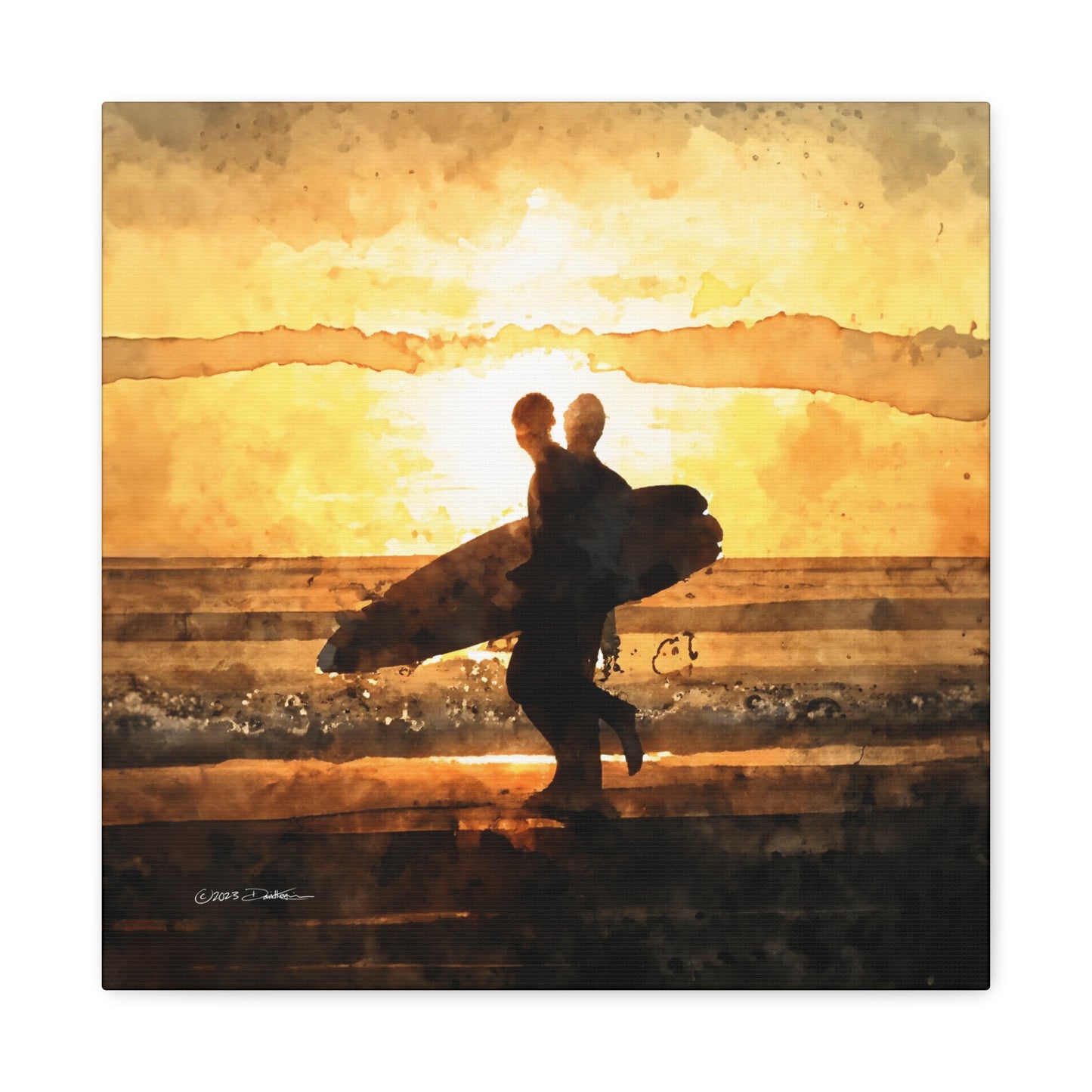 Sunset Surfers. Approx. 40.7 x 40.7 (16 x 16”). Matte canvas all-over print.