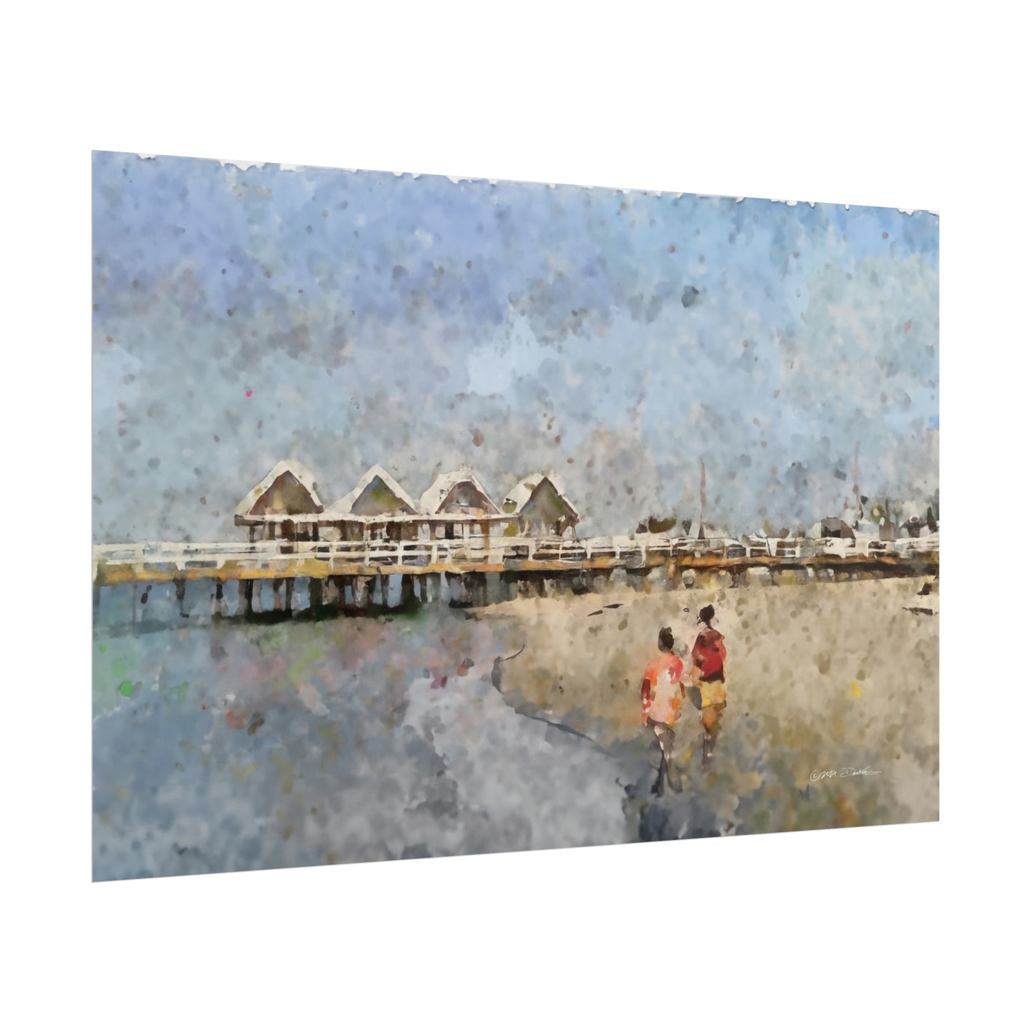 Busselton Jetty Couple, Western Australia. Unframed digital watercolour print.