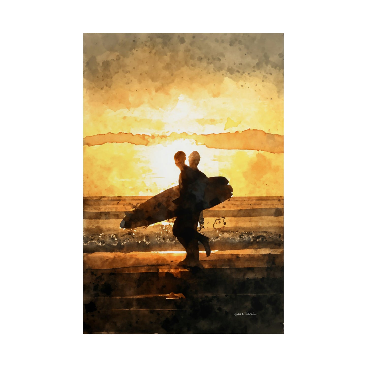 Sunset Surfers, Western Australia. Unframed digital watercolour print.