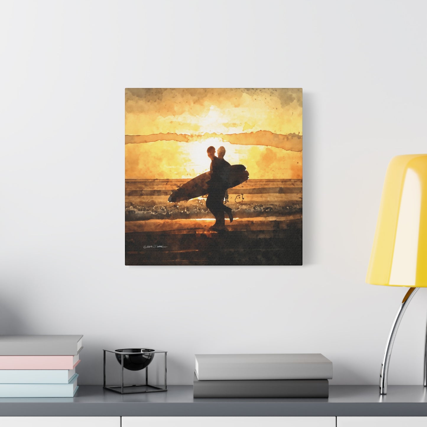 Sunset Surfers. Approx. 40.7 x 40.7 (16 x 16”). Matte canvas all-over print.