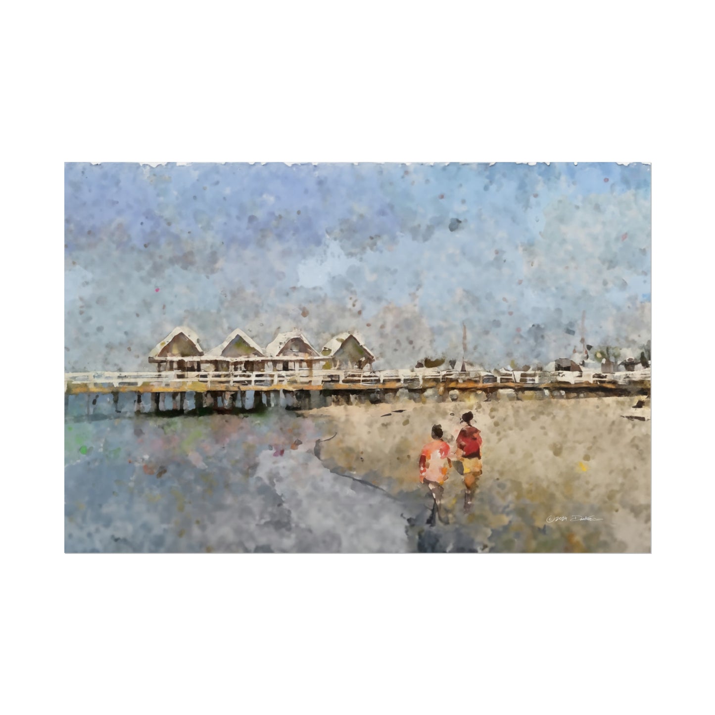 Busselton Jetty Couple, Western Australia. Unframed digital watercolour print.