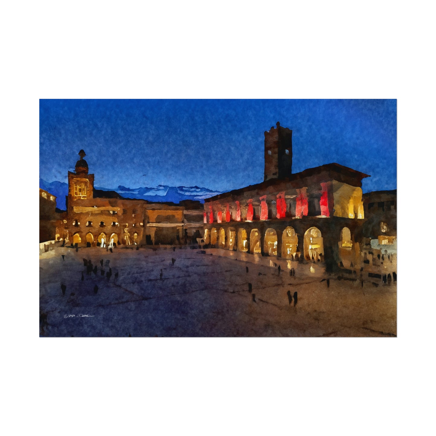 Town Square, Bologna, Italy. Unframed digital watercolour print.