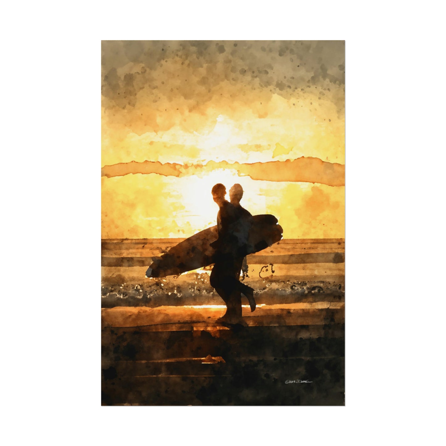 Sunset Surfers, Western Australia. Unframed digital watercolour print.