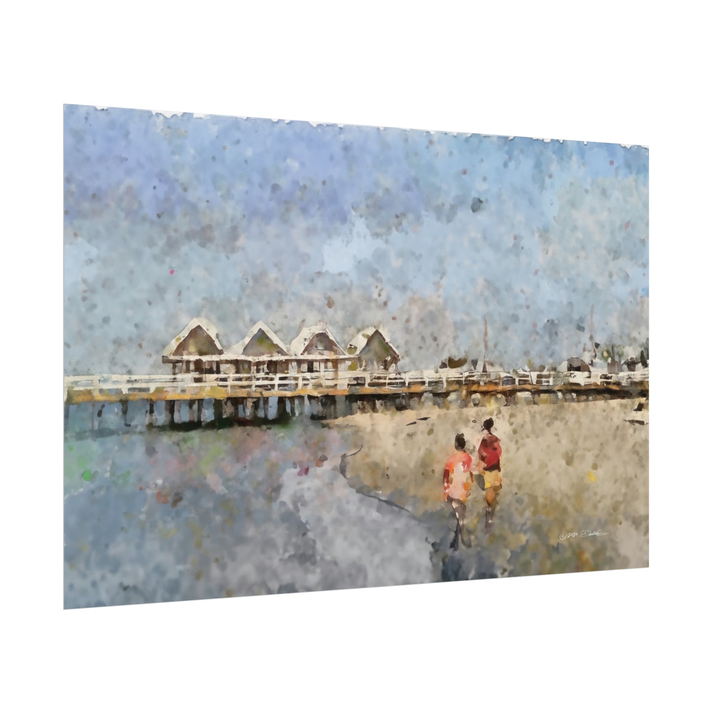 Busselton Jetty Couple, Western Australia. Unframed digital watercolour print.