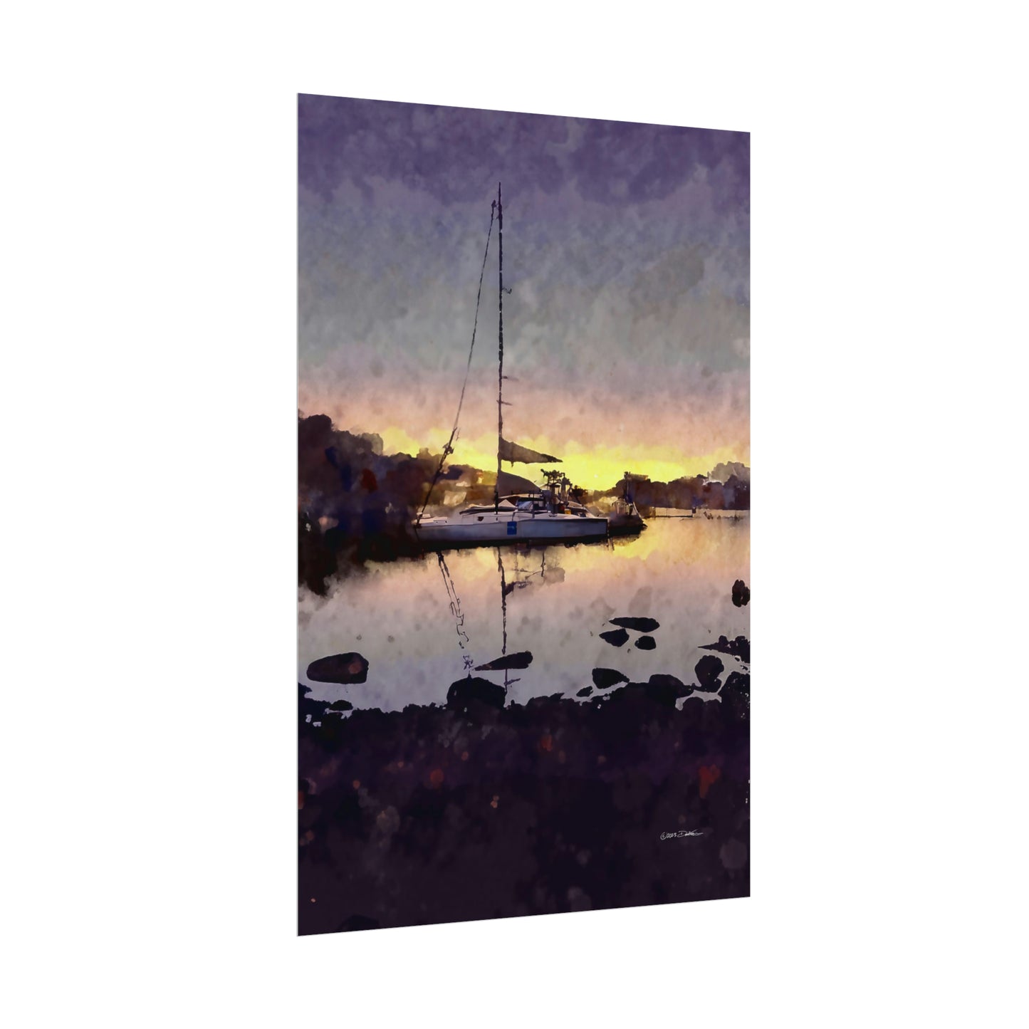 Moored on The Swan, Maylands, Western Australia. Unframed digital watercolour print.