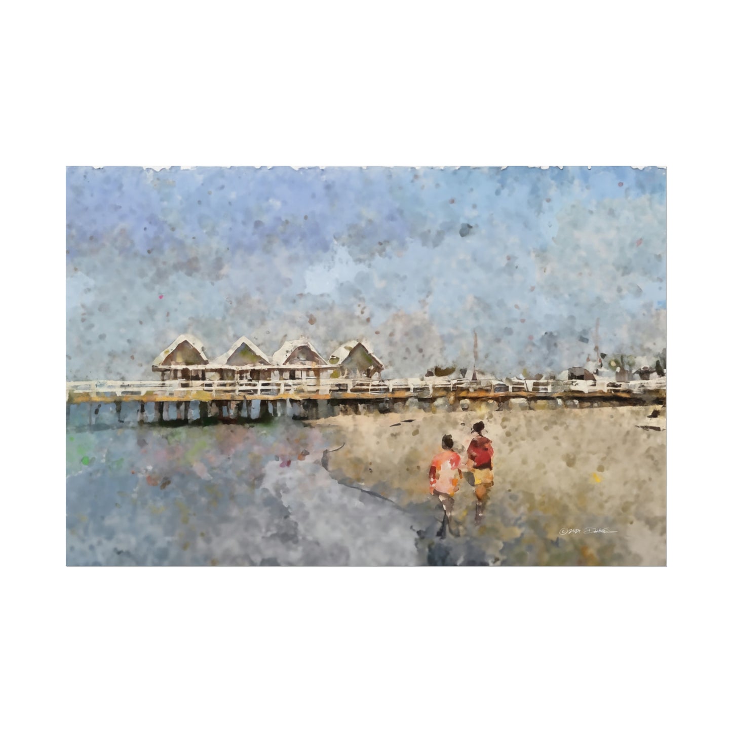 Busselton Jetty Couple, Western Australia. Unframed digital watercolour print.