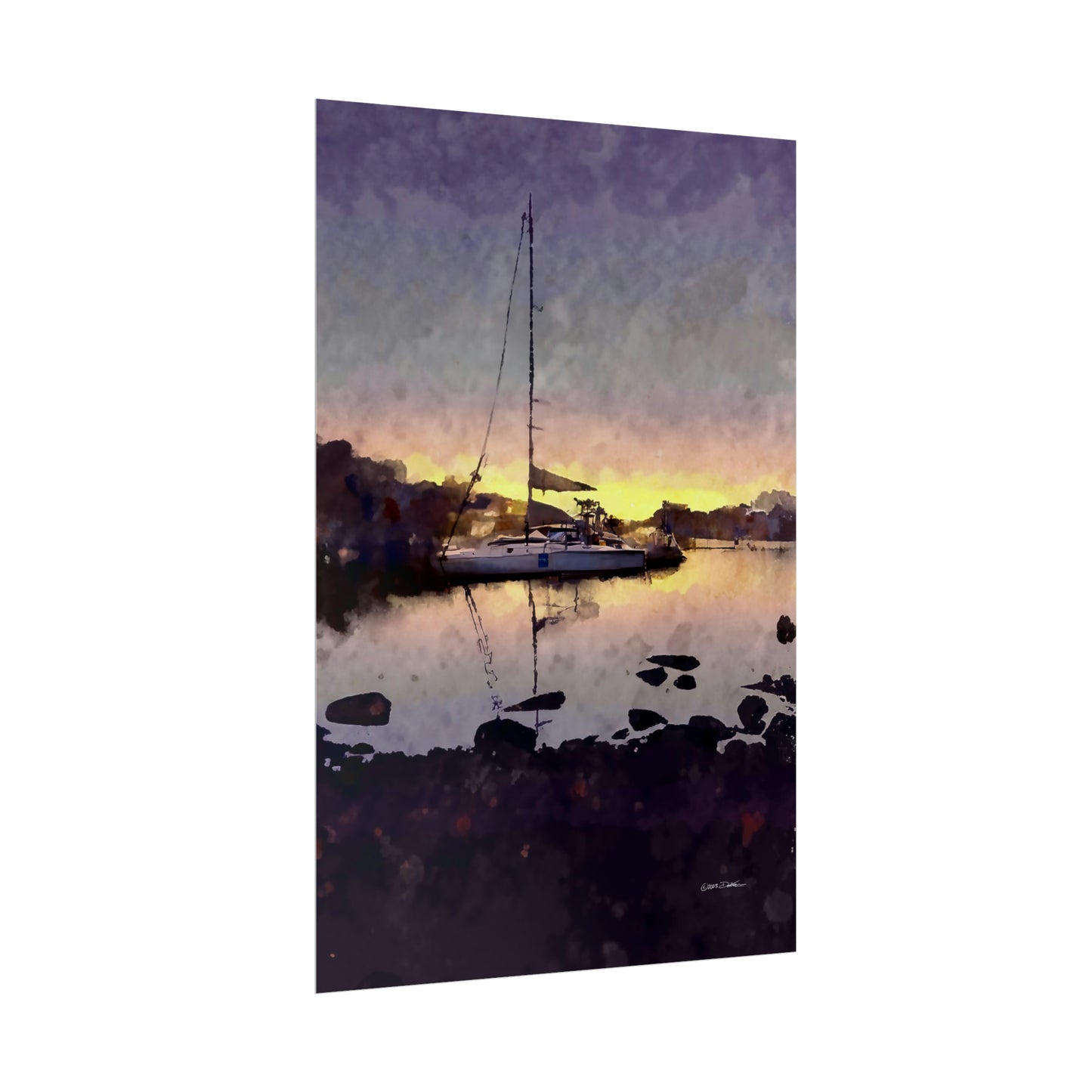 Moored on The Swan, Maylands, Western Australia. Unframed digital watercolour print.